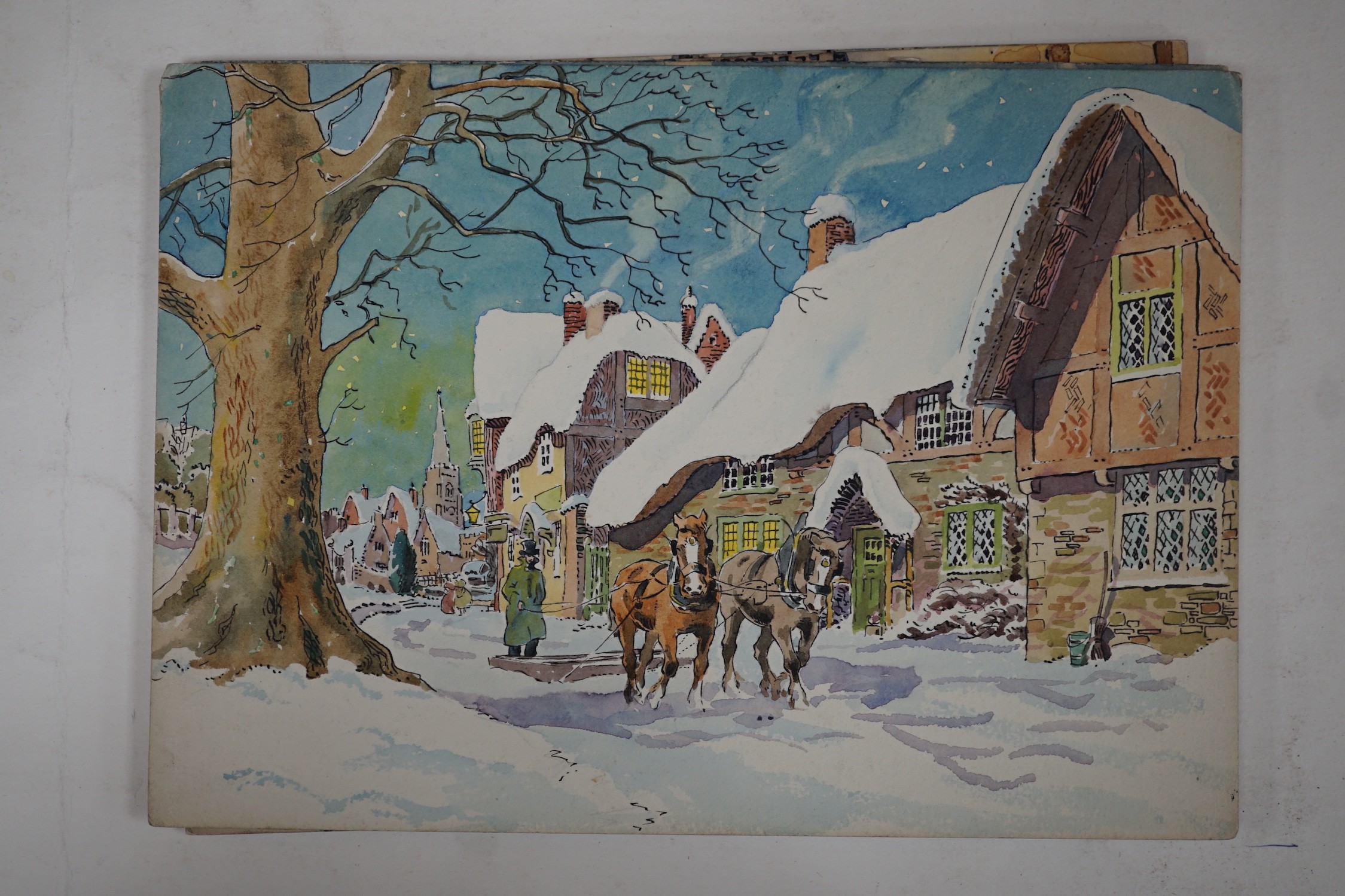 Maurice Wheatcroft, six ink and watercolour original greeting card designs, Victorian winter scenes, 19 x 27cm, unframed